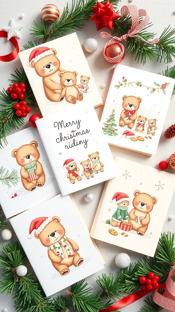 A variety of bear-themed Christmas cards with colorful illustrations on a festive background.